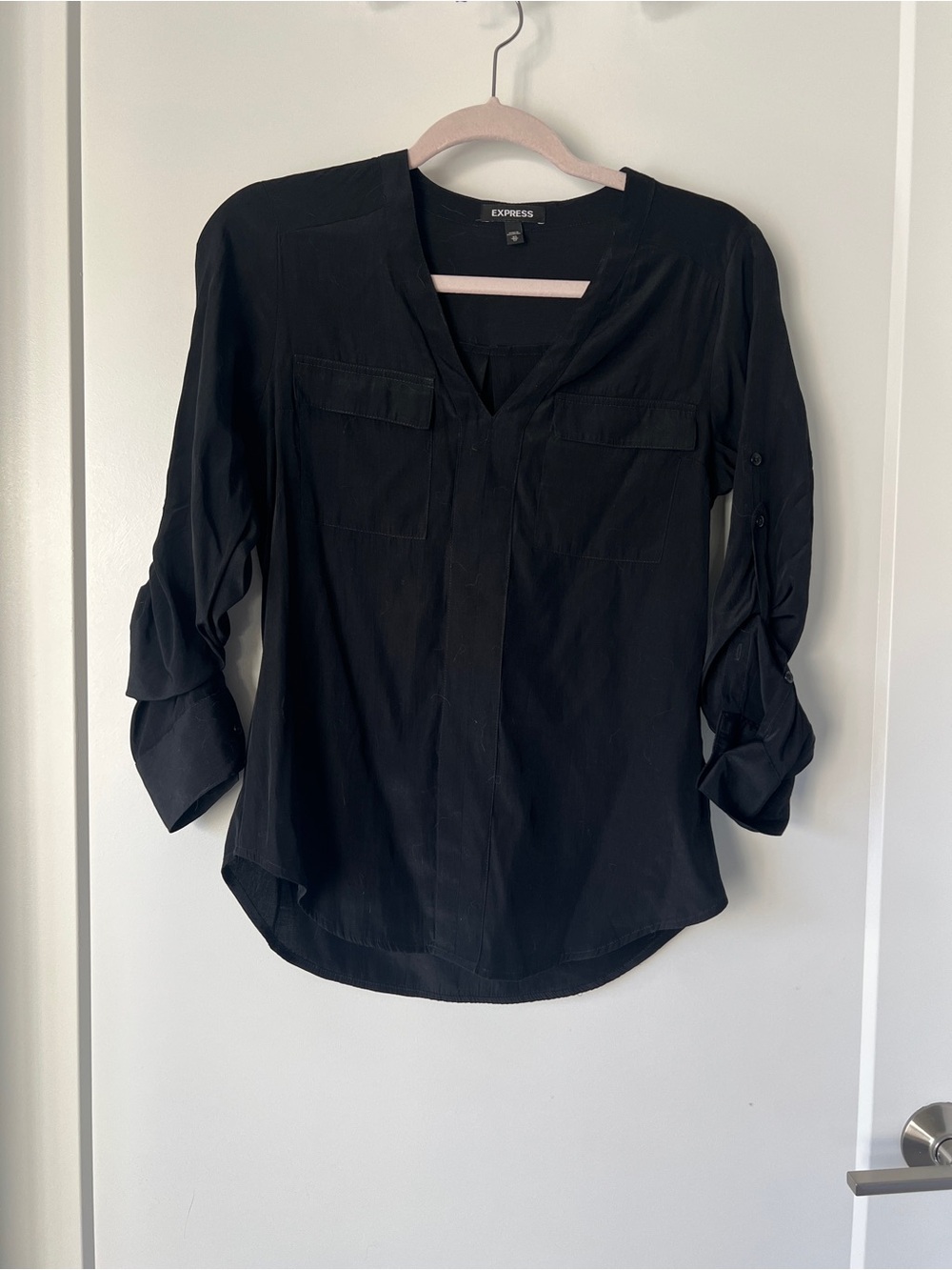 Express Black V-Neck Roll-Tab Sleeve Blouse